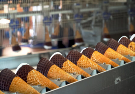 pure honest ingredients in Ice cream on cones in an Ice cream factory.