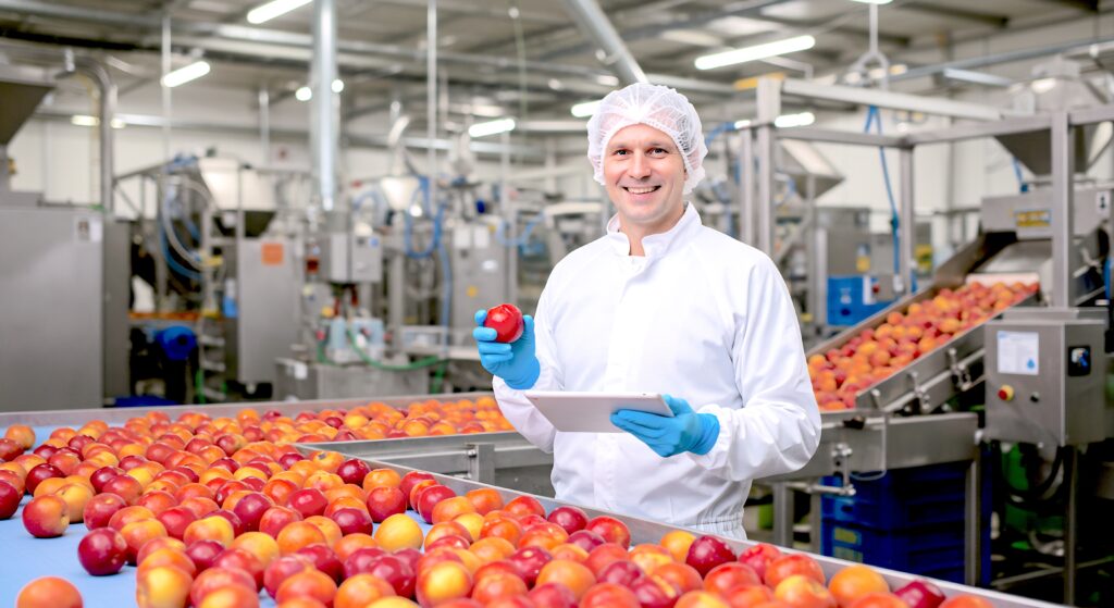 Apple Processing - Smiling Food Factory Worker Inspecting Apples on Conveyor Belt Using Tablet Computer