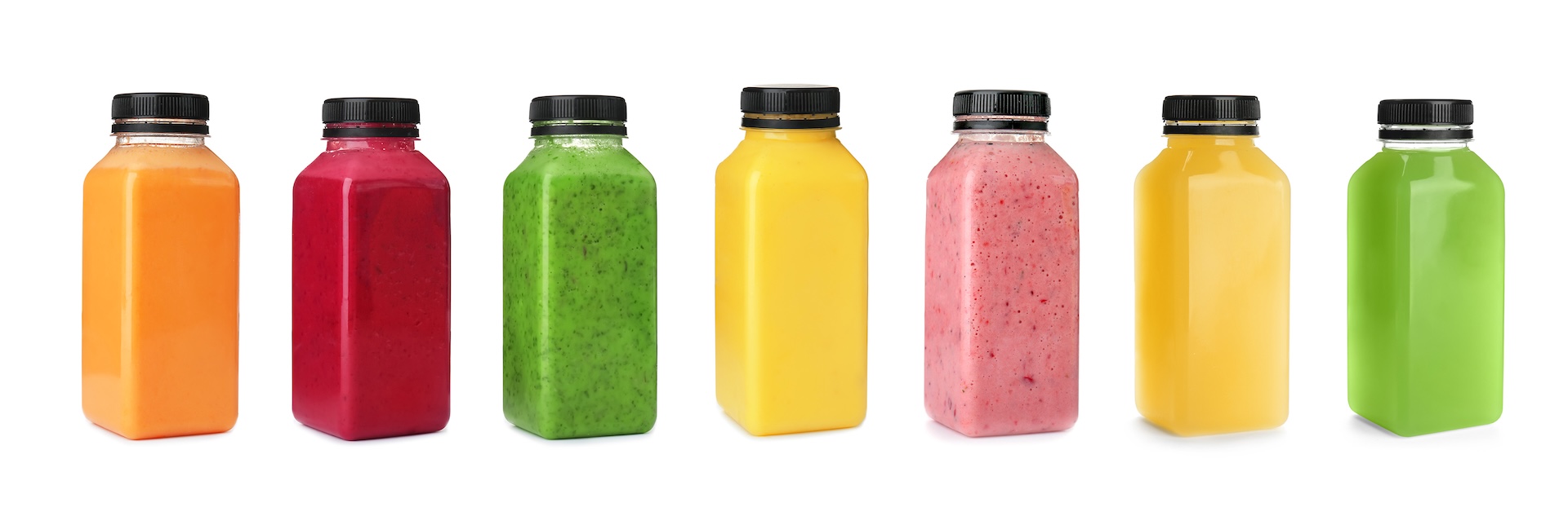 Row of colorful bottled smoothies demonstrating stability, viscosity, and flavor base performance.
