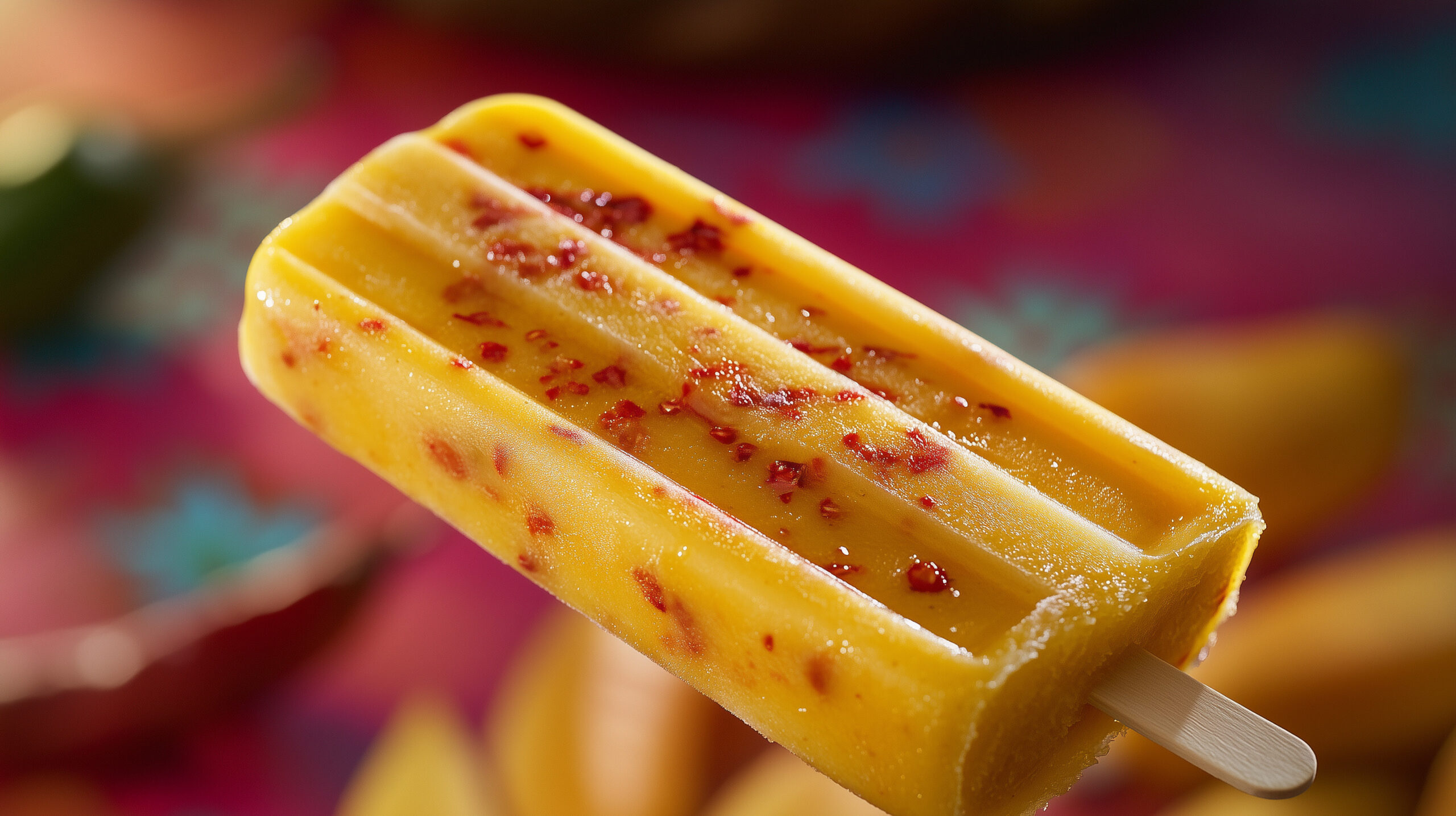 Frozen mango chamoy paleta with visible chili flakes showing global swicy flavor innovation.