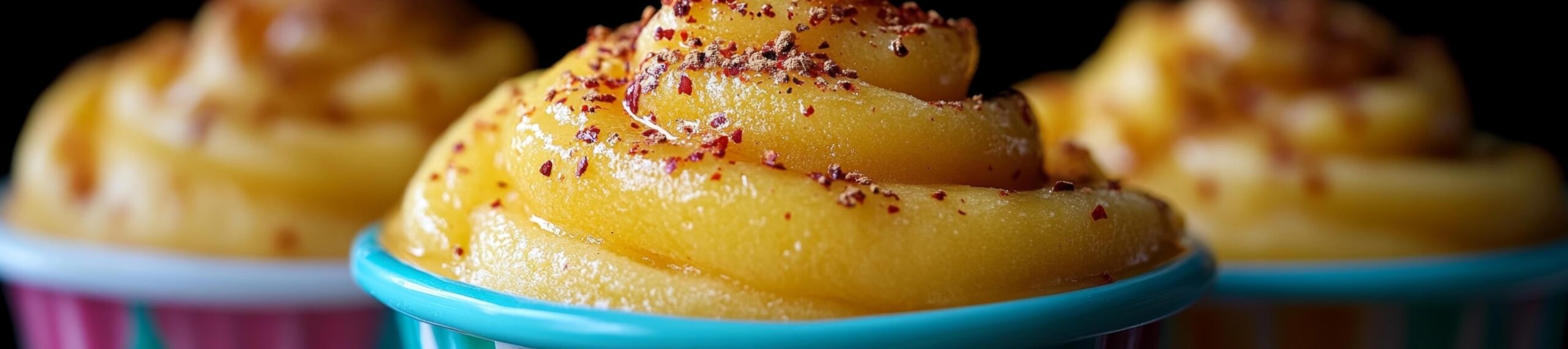 Close-up of mango chamoy purée samples topped with chili spice symbolizing authentic flavor formulation. A vibrant mango sorbet topped with chili powder and chamoy, served in a colorful plastic cup for a tangy, sweet flavor.