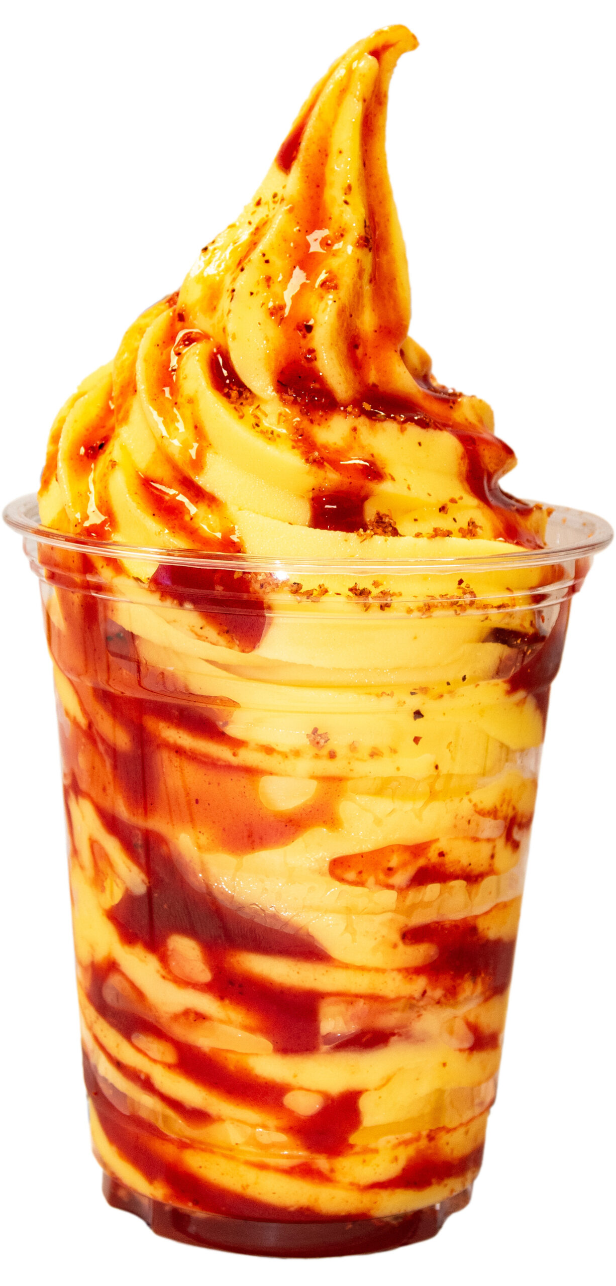 Soft-serve mango chamoy ice cream with spicy red chamoy swirl showing the heat-meets-sweet flavor balance.