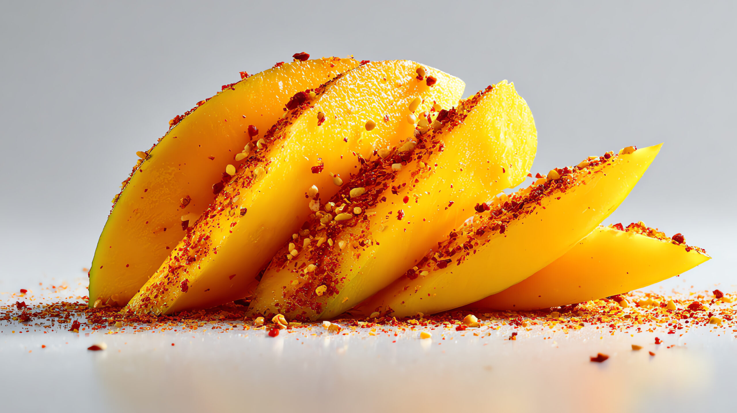 Fresh mango slices coated with chili flakes representing bold yet balanced flavor development.