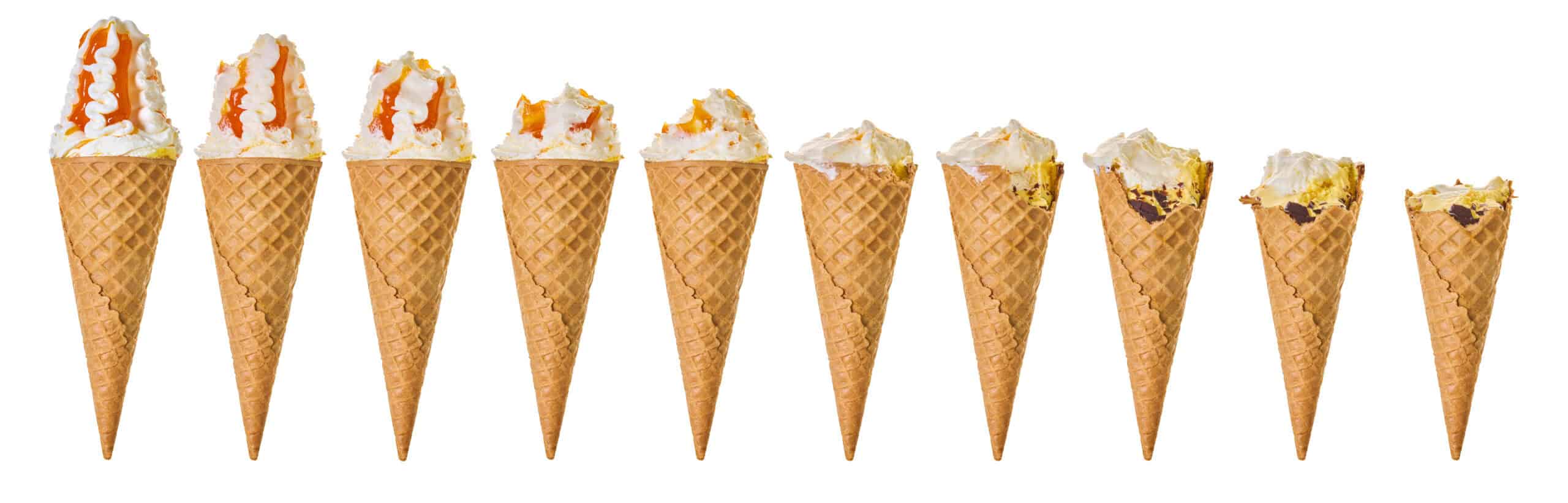 Sequential progression of an ice cream cone with caramel drizzle showing one bite taken at a time, demonstrating the consumption experience and texture crunch of the waffle cone and creamy interior.
