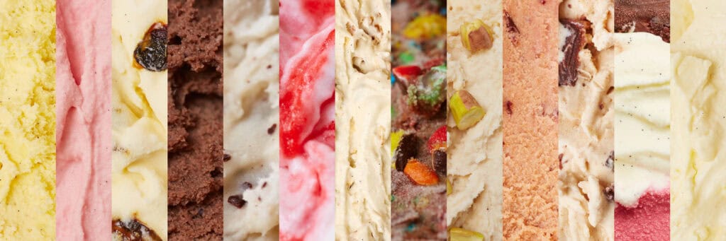 Collage of diverse ice cream flavors and textures showing multiple color variations, inclusions, and format styles representing trending flavor profiles