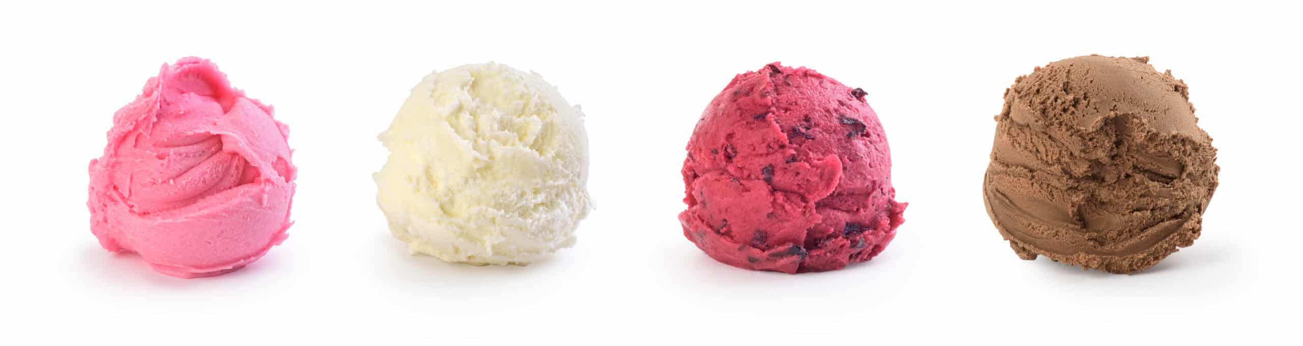 Four scoops in contrasting colors—bright pink, vanilla, berry red, and chocolate—showcasing flavor diversity and indulgent color appeal.
