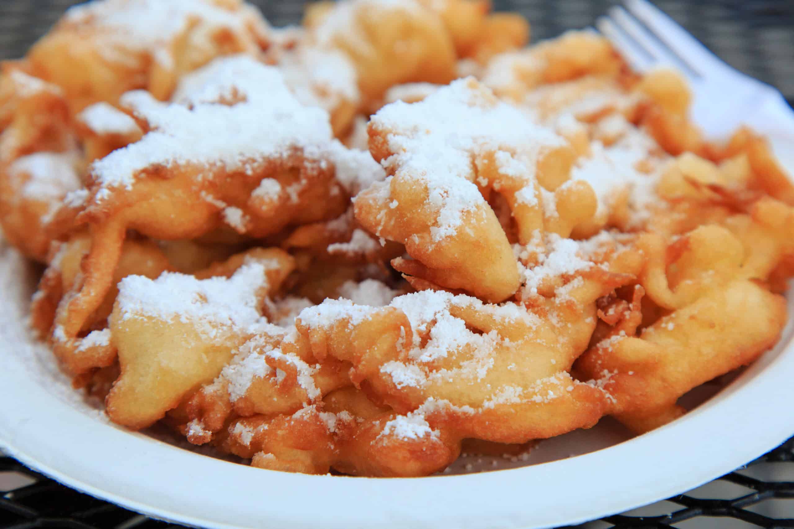 A nostalgic classic flavor funnel cake dusted with powdered sugar served on a white paper plate at a state fair