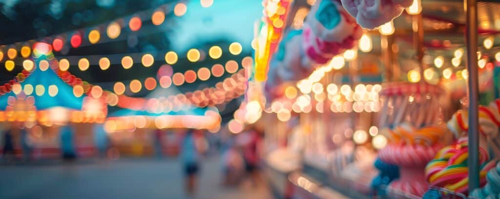 Glowing string lights and colorful carnival booths at dusk at a state fair