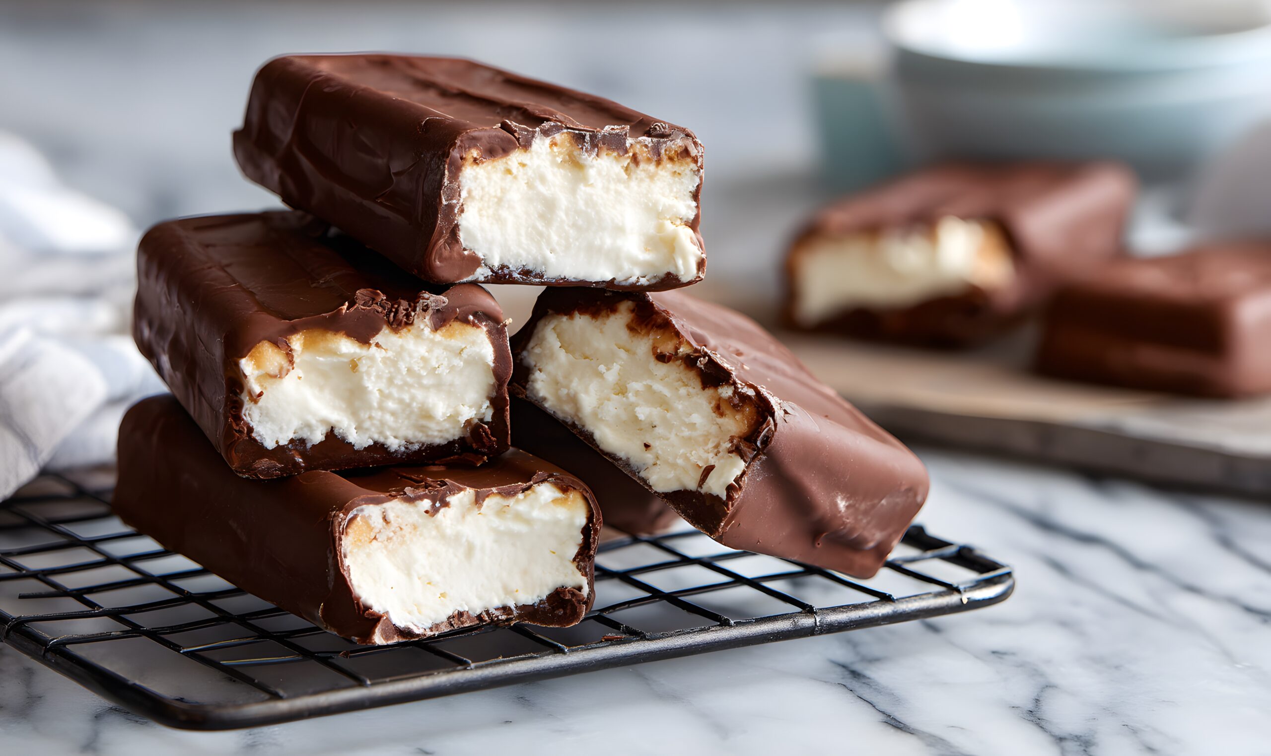 Stacked chocolate-covered cheesecake bars with creamy white filling on a cooling rack and marble surface representing new indulgent cultured dairy formats