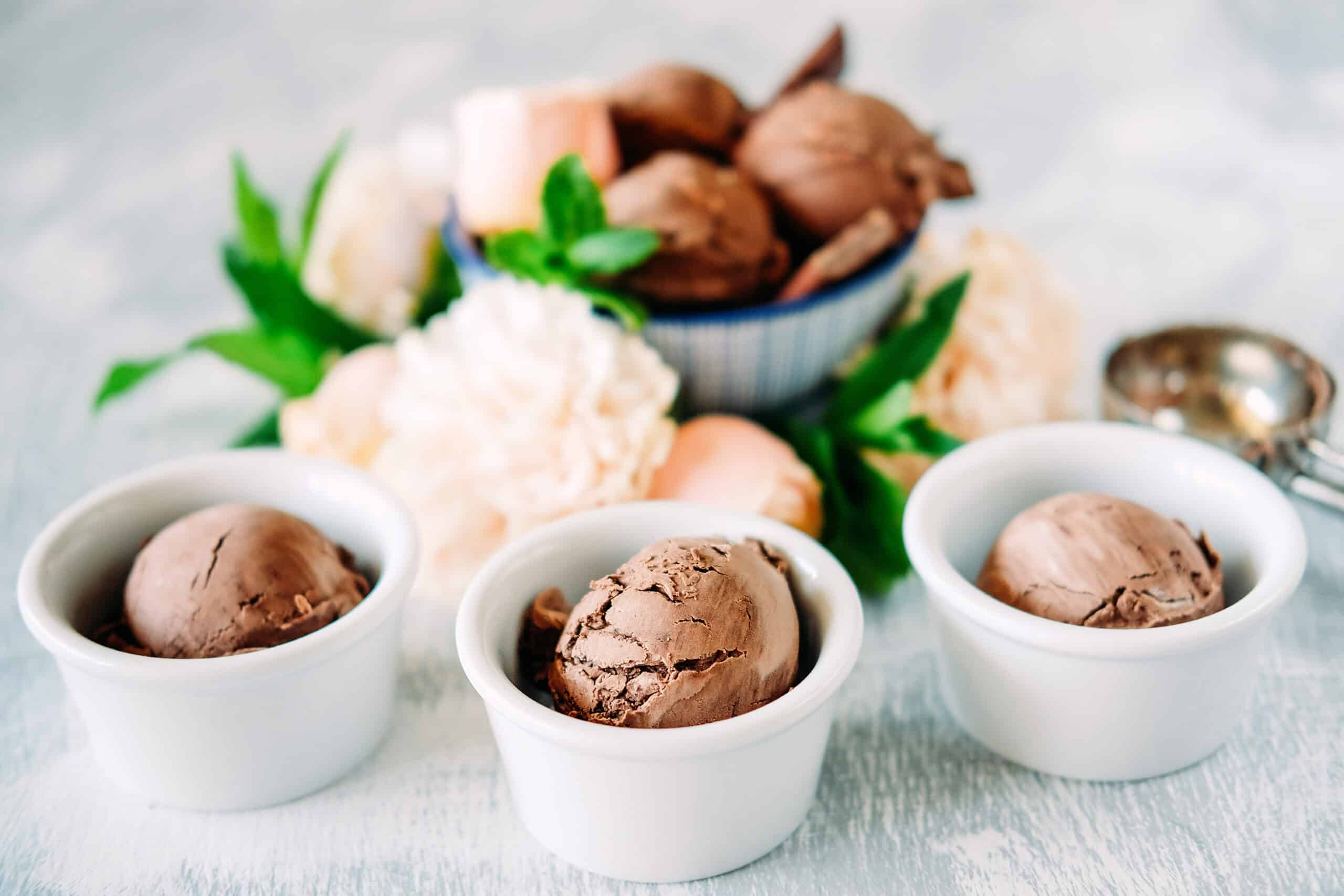 Three scoops of dark chocolate ice cream sundae with sweet floral flavour surrounded by roses, carnations and mint leaves