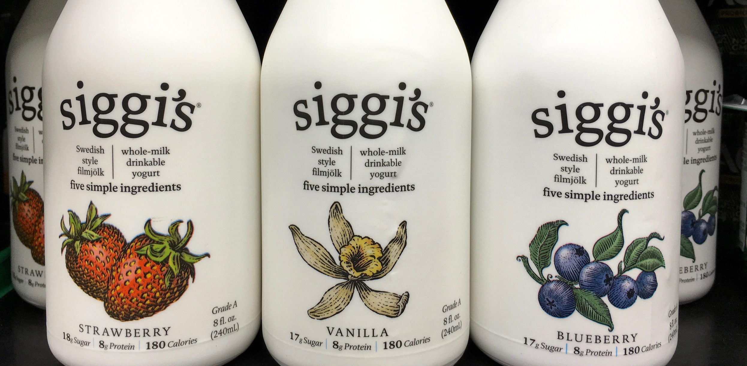 Three Siggi's Swedish-style drinkable filmjölk yogurt bottles in strawberry, vanilla, and blueberry flavors showing the growing popularity of drinkable cultured dairy formats