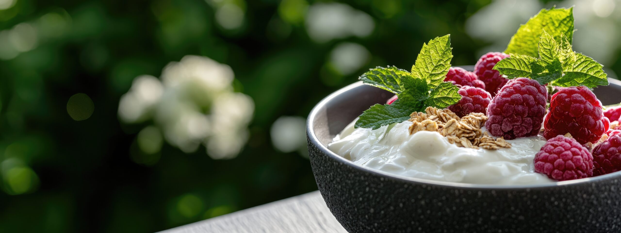 Thick creamy yogurt topped with fresh raspberries, mint, and granola in a dark stone bowl against a lush green botanical background
