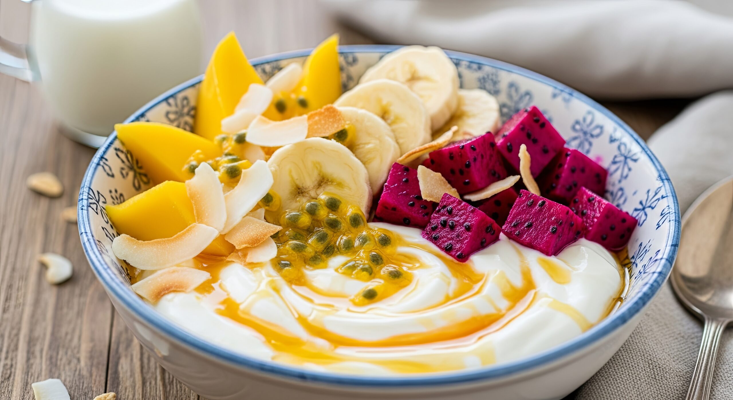 Yogurt bowl topped with fresh mango, dragon fruit, passion fruit, banana, and coconut flakes showcasing tropical premium flavor twists in cultured dairy