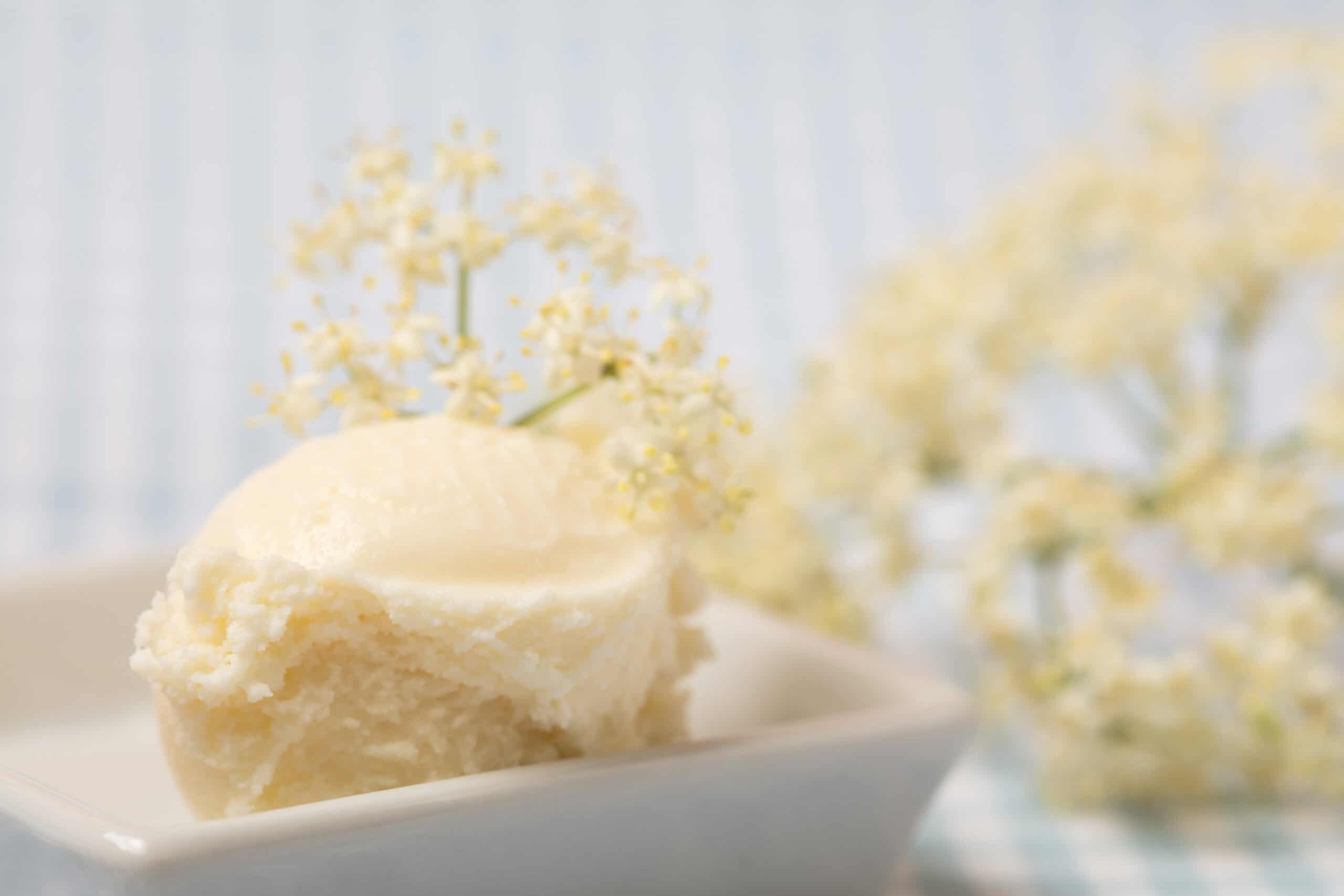 Creamy vanilla ice cream with delicate white elderflower blossoms and fresh green leaves, functional floral botanical