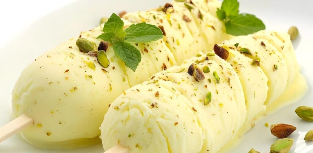 Pistachio ice cream popsicles dusted with crushed nuts and fresh mint on white — pairing botanical ingredients with indulgent forms in ice cream development.