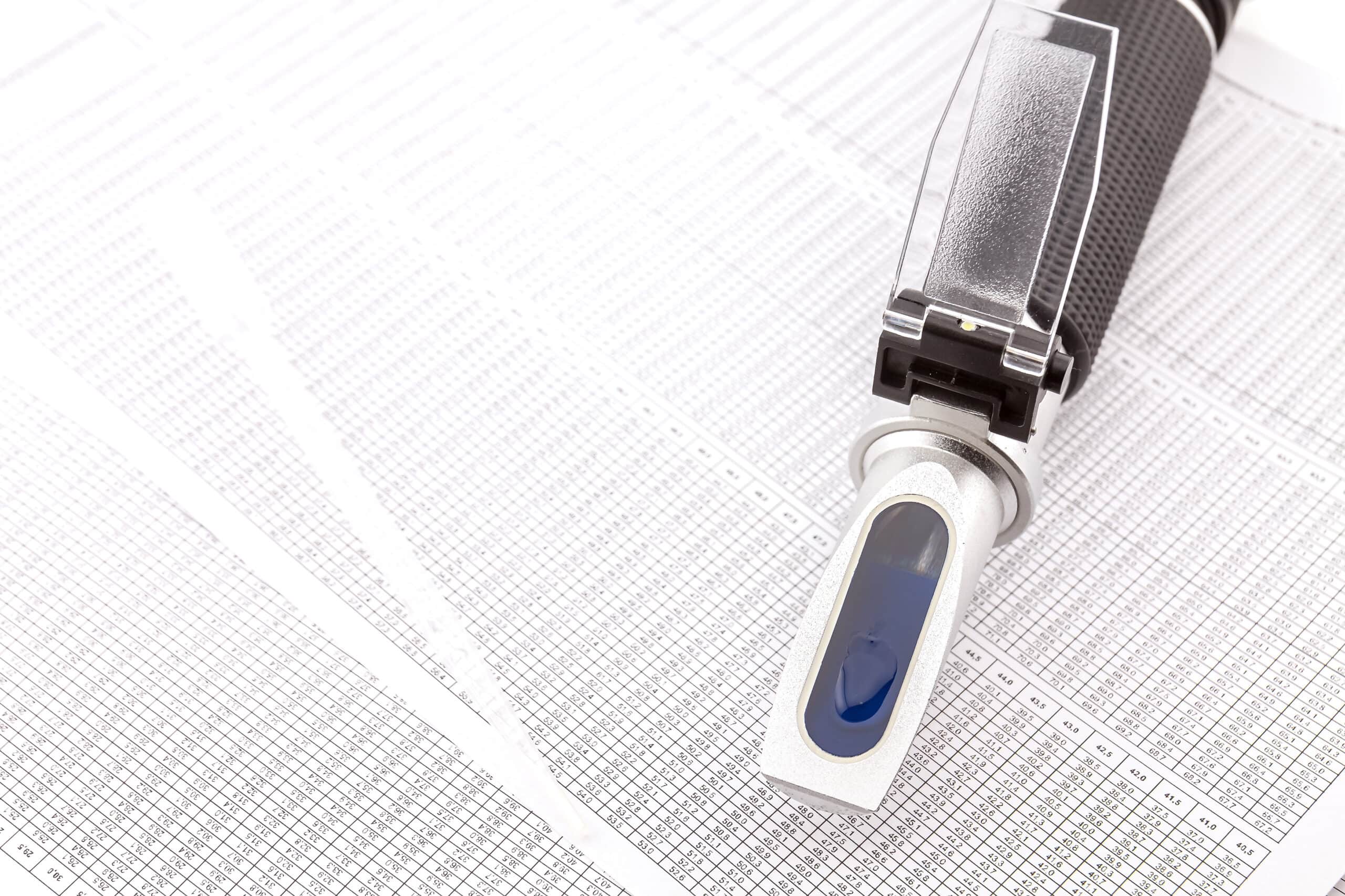 Handheld refractometer resting on a data reference sheet, used to measure the Brix sugar level of fruit during quality testing.