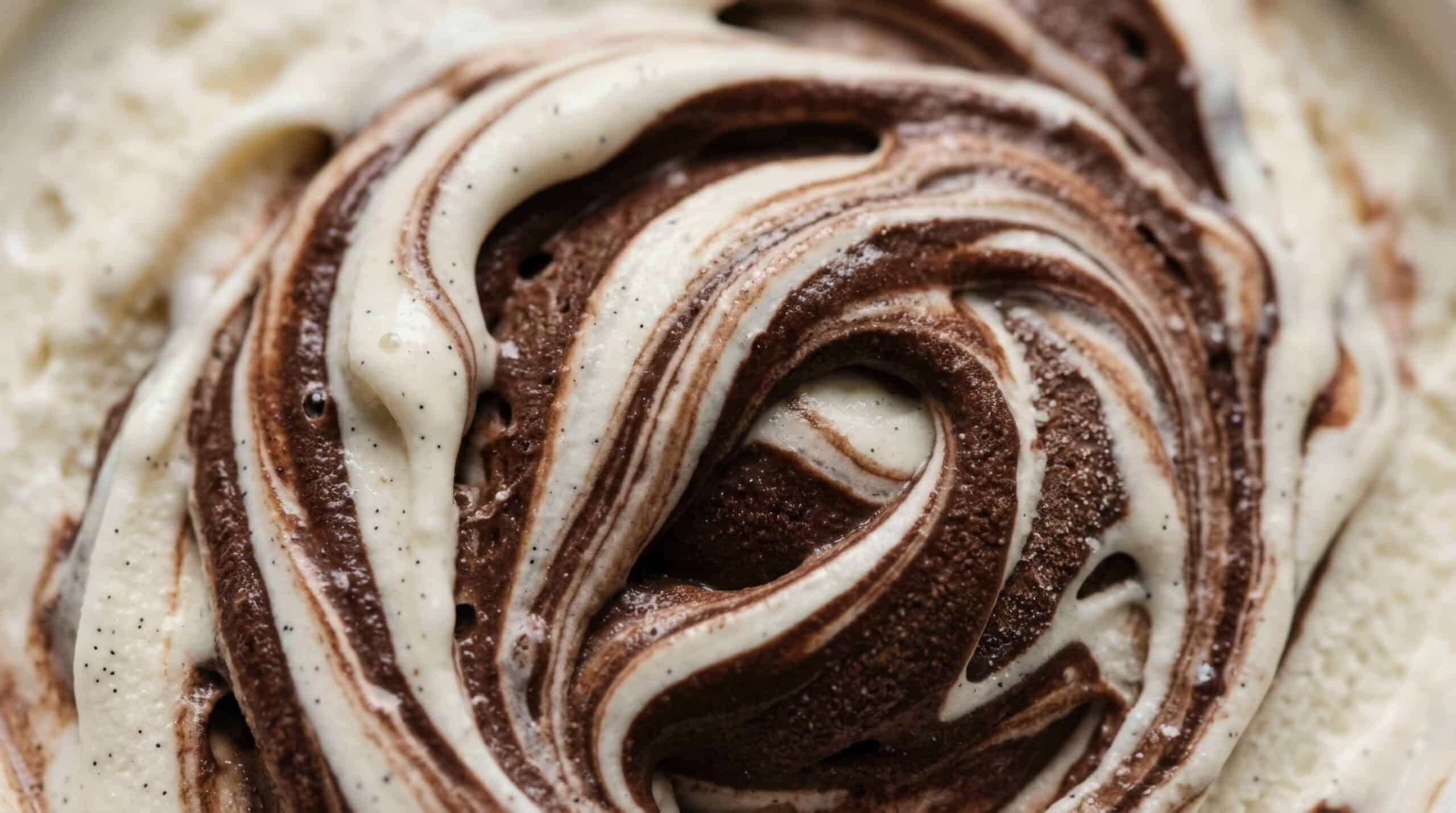 Chocolate and vanilla ice cream swirled in distinct ribbons, showing swirl definition in clean label ingredients formulations